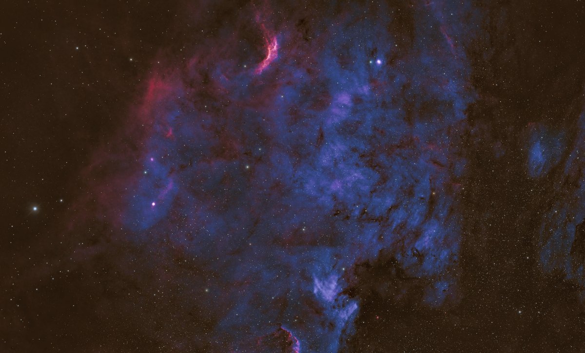 The North America Nebula, NGC 7000, in progress — crimson ionization fronts over a deep teal body of oxygen emission, imaged at Alligator View Observatory